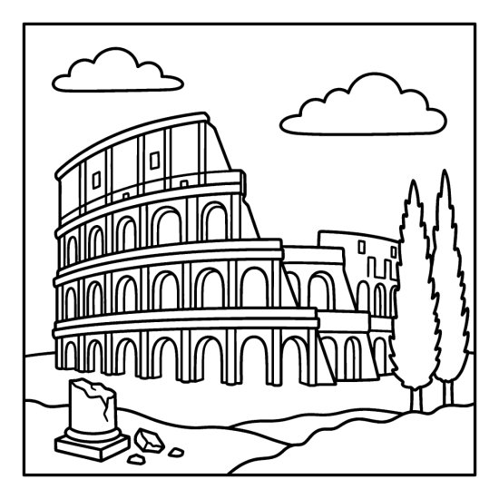 The Roman Colosseum shows rows of arches beside cypress trees and a broken column, coloring sheet