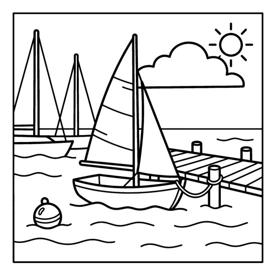 A small sailboat sits moored beside a wooden jetty near a floating buoy, coloring page