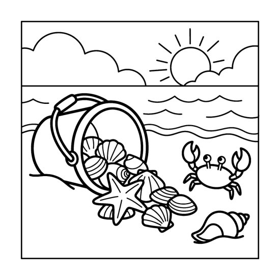 A tipped bucket spills seashells and a starfish on the sand near a little crab, coloring page