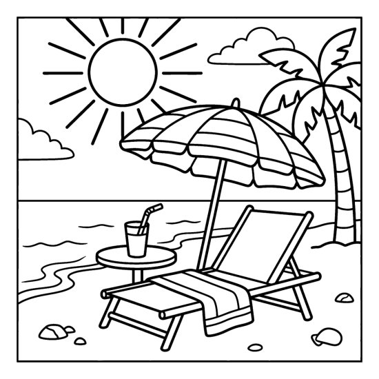 A beach umbrella shades a lounger, drink, and side table by the shore, coloring sheet