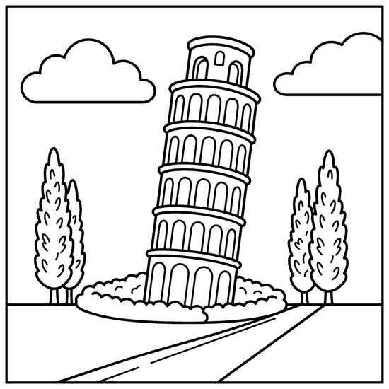 The leaning Tower of Pisa rises among cypress trees along a curving path, coloring page