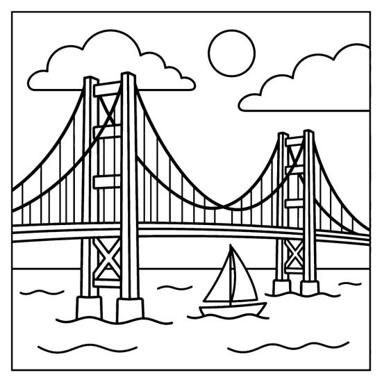 A tall suspension bridge spans the water with a small sailboat below, coloring sheet
