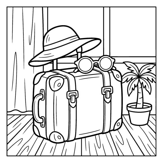 A vintage suitcase topped with a sun hat and round sunglasses by a potted palm, coloring page