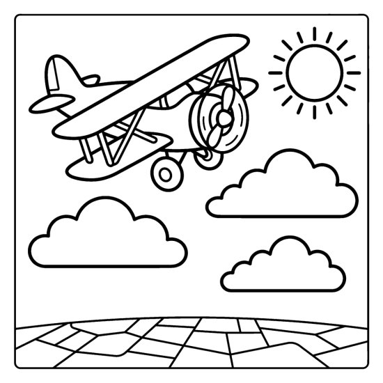 A friendly propeller airplane flies among puffy clouds above distant fields, coloring sheet