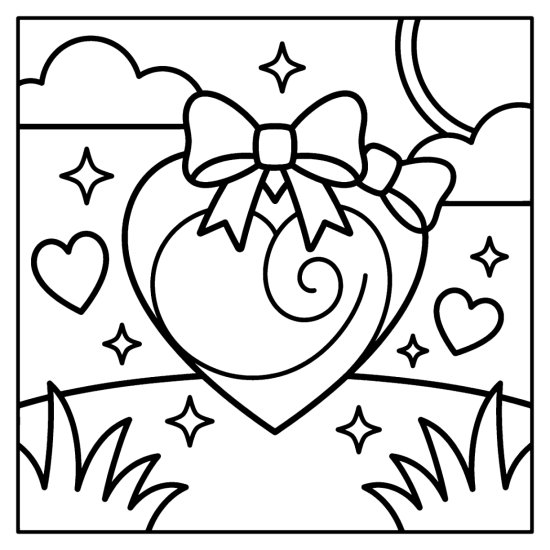 A big heart with a bold swirl pattern and a bow with two small hearts and sparkles, coloring page