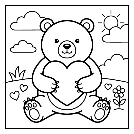 A round bear holding a big heart while sitting with a flower and two small hearts, bold and easy