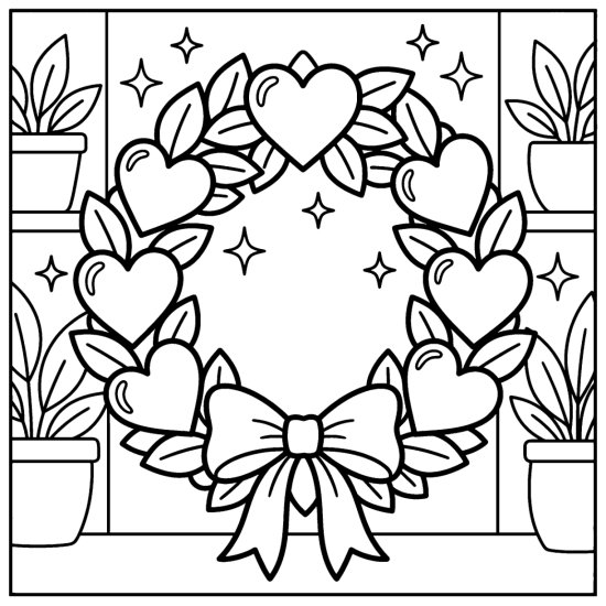 A round wreath made of hearts and leaves with a big bow on a wall with sparkles, coloring sheet