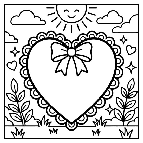 A big heart with a scalloped lace border and a bow among small hearts and sparkles, bold and easy