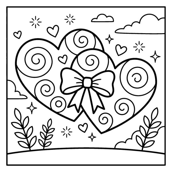 Two overlapping hearts with swirl patterns and a shared bow among small hearts, bold and easy