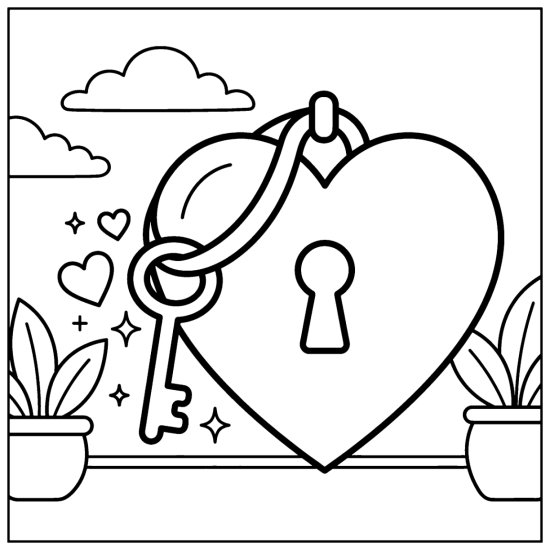 A big heart with a keyhole and a key hanging from a ribbon among small hearts, coloring page