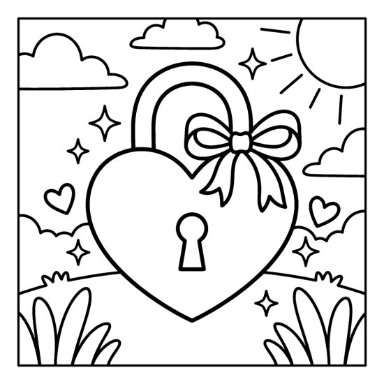 A large heart shaped padlock with a shackle and a bow among small hearts and sparkles, bold and easy