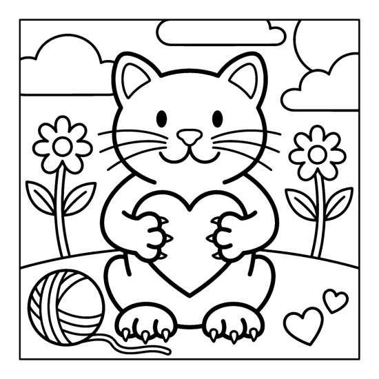 A cute cat sitting and holding a big heart with a ball of yarn and small hearts, bold and easy