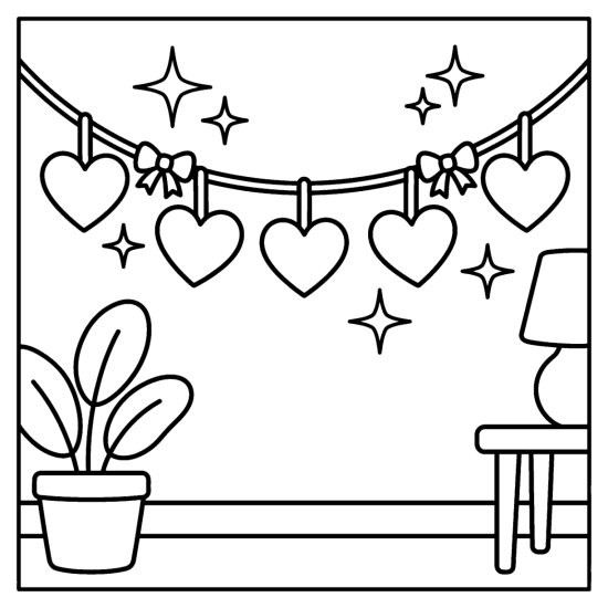A garland strung with five hearts and small bows draped along a wall with sparkles, coloring sheet