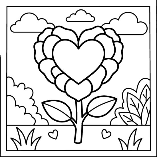 A large heart made of big rose petals on a stem with leaves and small hearts, bold and easy
