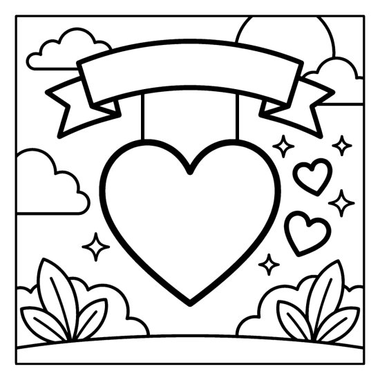 A big heart hanging from a blank ribbon banner among small hearts and sparkles, bold and easy