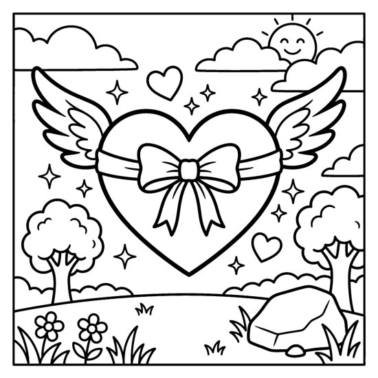 A large heart with feathered wings and a bow floating among small hearts and sparkles, bold and easy