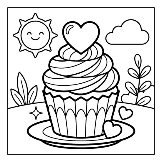 A large cupcake topped with a big heart and swirled frosting on a plate, coloring page