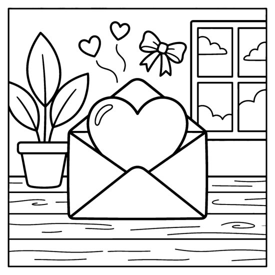 An open envelope with a big heart popping out on a table with small hearts and a bow, bold and easy