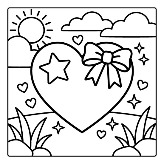 A big heart with a large star and a bow among small hearts and sparkles, bold and easy