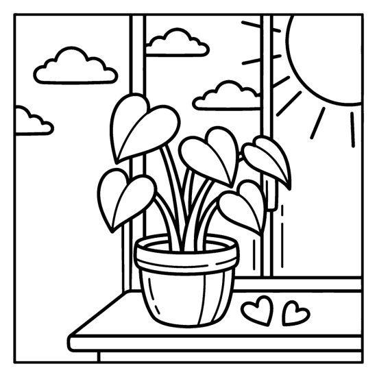 A potted plant with heart shaped leaves on stems on a windowsill with small hearts, coloring sheet