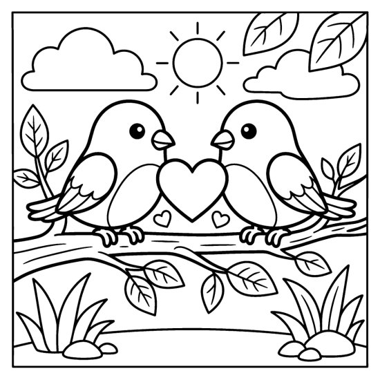 Two round love birds facing each other on a branch with a big heart between them, bold and easy