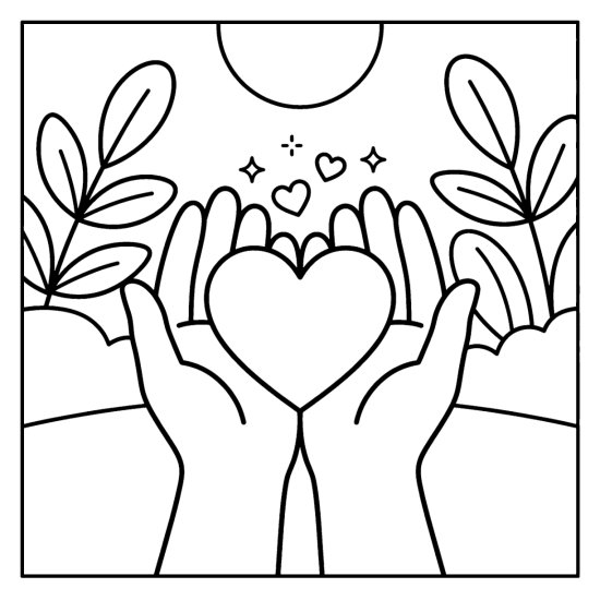 Two open hands cupped together holding a big heart with small hearts and sparkles, bold and easy