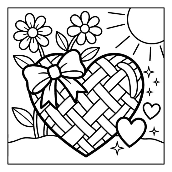 A large heart with a basket weave pattern and a bow among small hearts and sparkles, coloring page