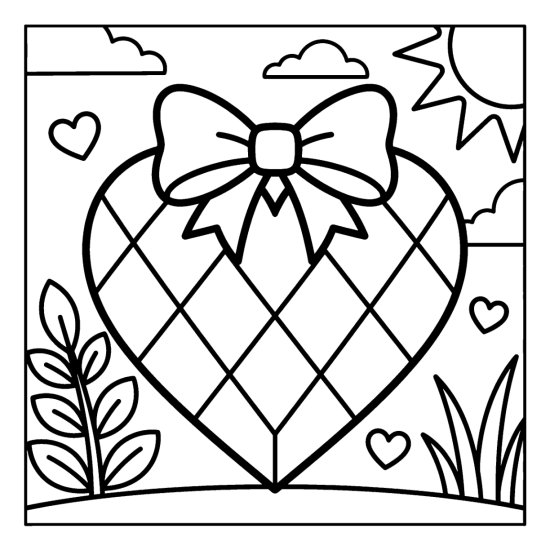 A big heart split into diamond panels with a bow among small hearts and sparkles, bold and easy