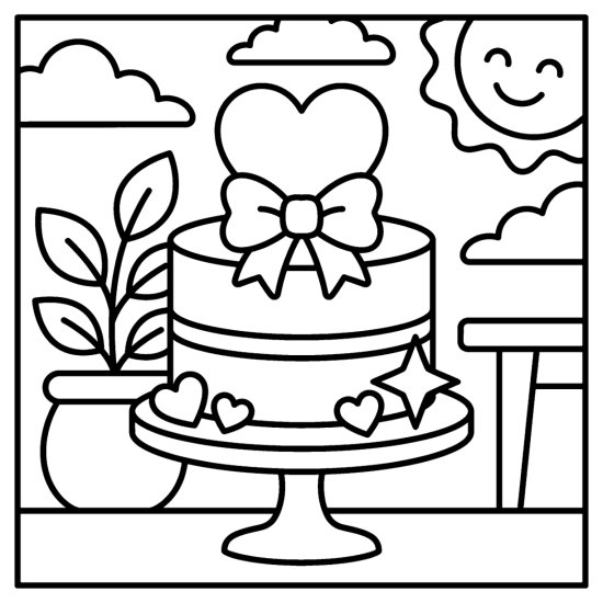 A round layered cake topped with a big heart and a bow on a stand with small hearts, bold and easy