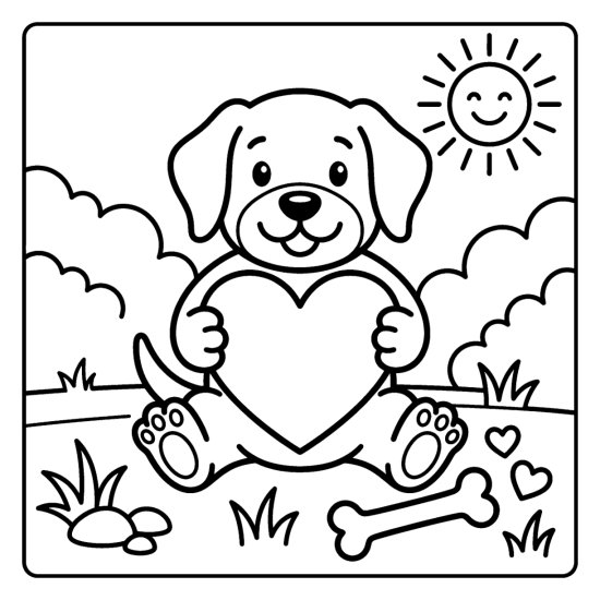 A little dog holding a big heart while sitting with a bone and small hearts, coloring sheet