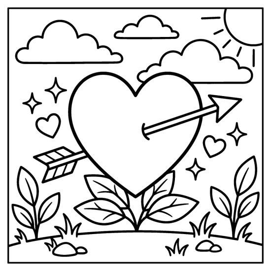 A big plain heart with a straight arrow through it among sparkles, small hearts and leaves, bold and easy