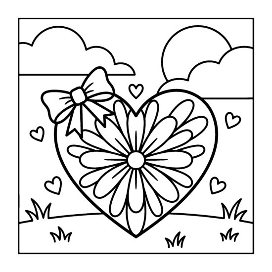 A big heart filled with petal shapes radiating from the center with a bow, bold and easy