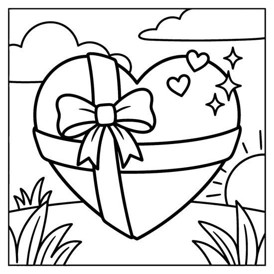 A large heart wrapped with a wide ribbon and a big bow like a gift among small hearts, bold and easy