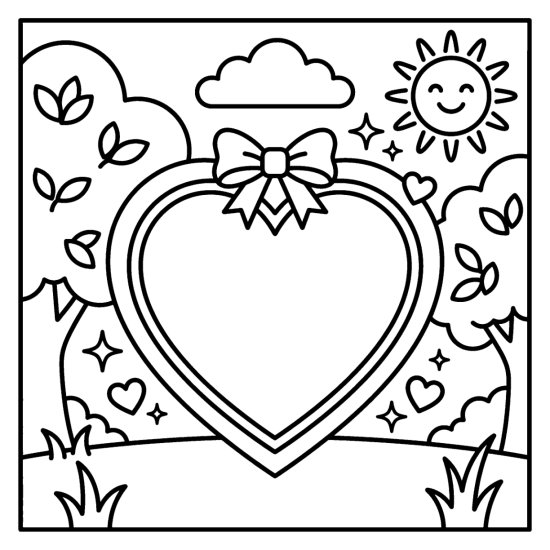A big heart shaped picture frame with a blank center and a bow among small hearts, coloring page