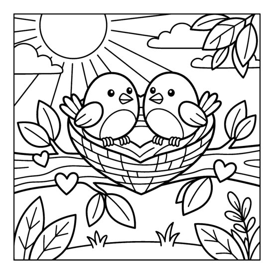 Two round birds sitting in a heart shaped nest on a branch with leaves and small hearts, bold and easy