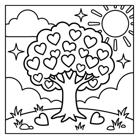 A small tree with a rounded canopy full of hearts with a few hearts on the ground, bold and easy