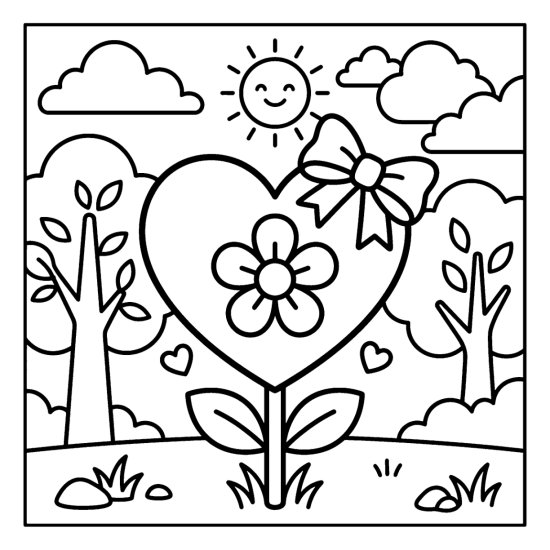A large heart filled with one big flower and a bow with small hearts and leaves, coloring sheet