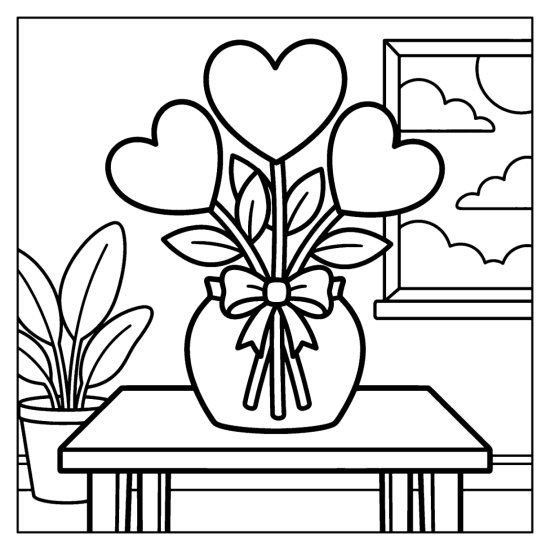A bouquet of three heart shaped flowers on stems tied with a bow in a vase, bold and easy
