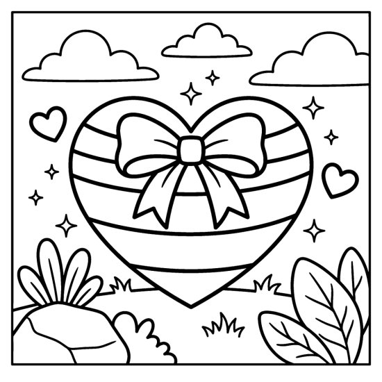 A large heart with wide stripes and a ribbon bow among small hearts and sparkles, bold and easy