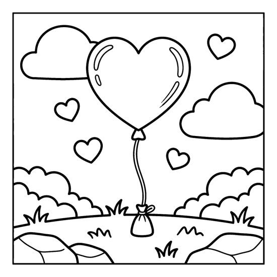 A big heart shaped balloon on a string floating among clouds and small hearts, coloring page