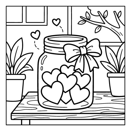 A wide glass jar filled with hearts and a bow on a table with small hearts above, bold and easy