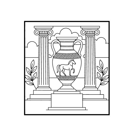 Tall Greek amphora with a horse frieze and meander band between two columns, bold and easy