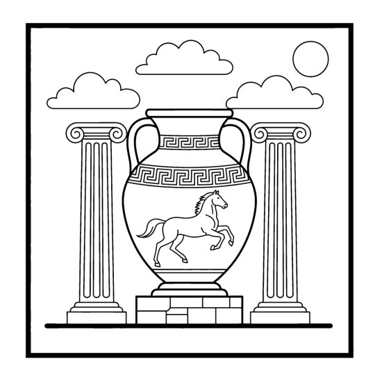 Greek hydria with an outlined horse and meander band between columns, bold and easy