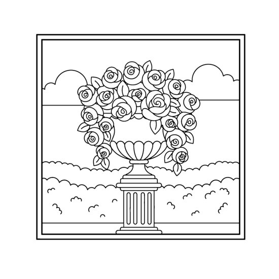 Footed urn overflowing with roses on a pedestal above garden hedges, coloring sheet
