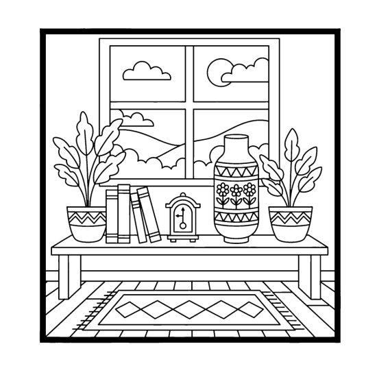 Patterned cylinder vase with flowers beside books and a clock on a shelf, bold and easy