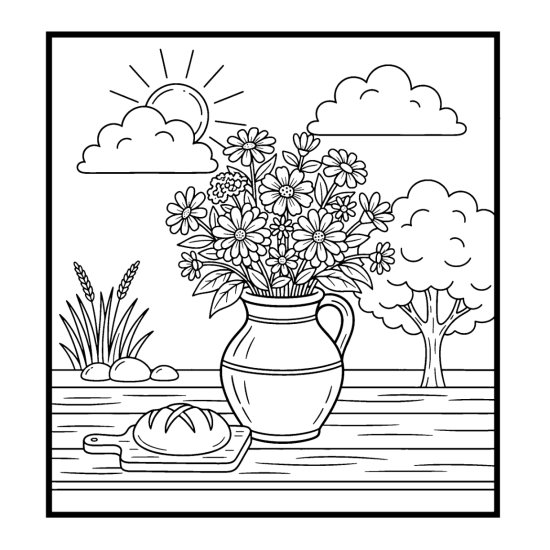 Rustic jug of wildflowers on a table with bread and a tree behind, coloring page