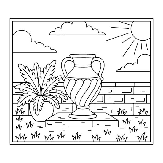 Double handled urn with a swirled body beside a fern on a stone wall, coloring sheet