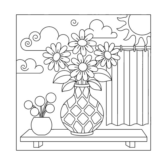 Diamond lattice vase of daisies with a small berry pot and curtain, bold and easy