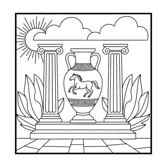 Greek amphora with an outlined horse and meander bands above a tiled floor, bold and easy