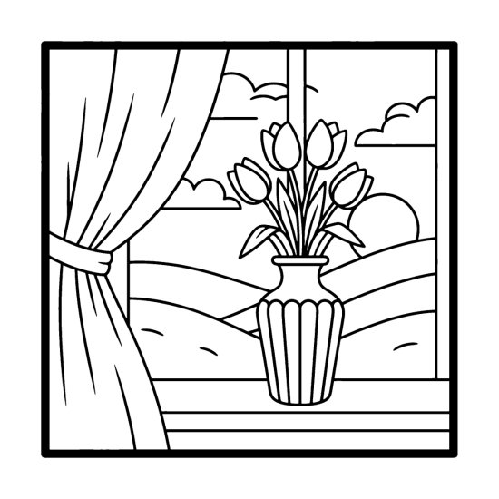 Fluted vase of tulips on a windowsill with a curtain and rolling hills, coloring page